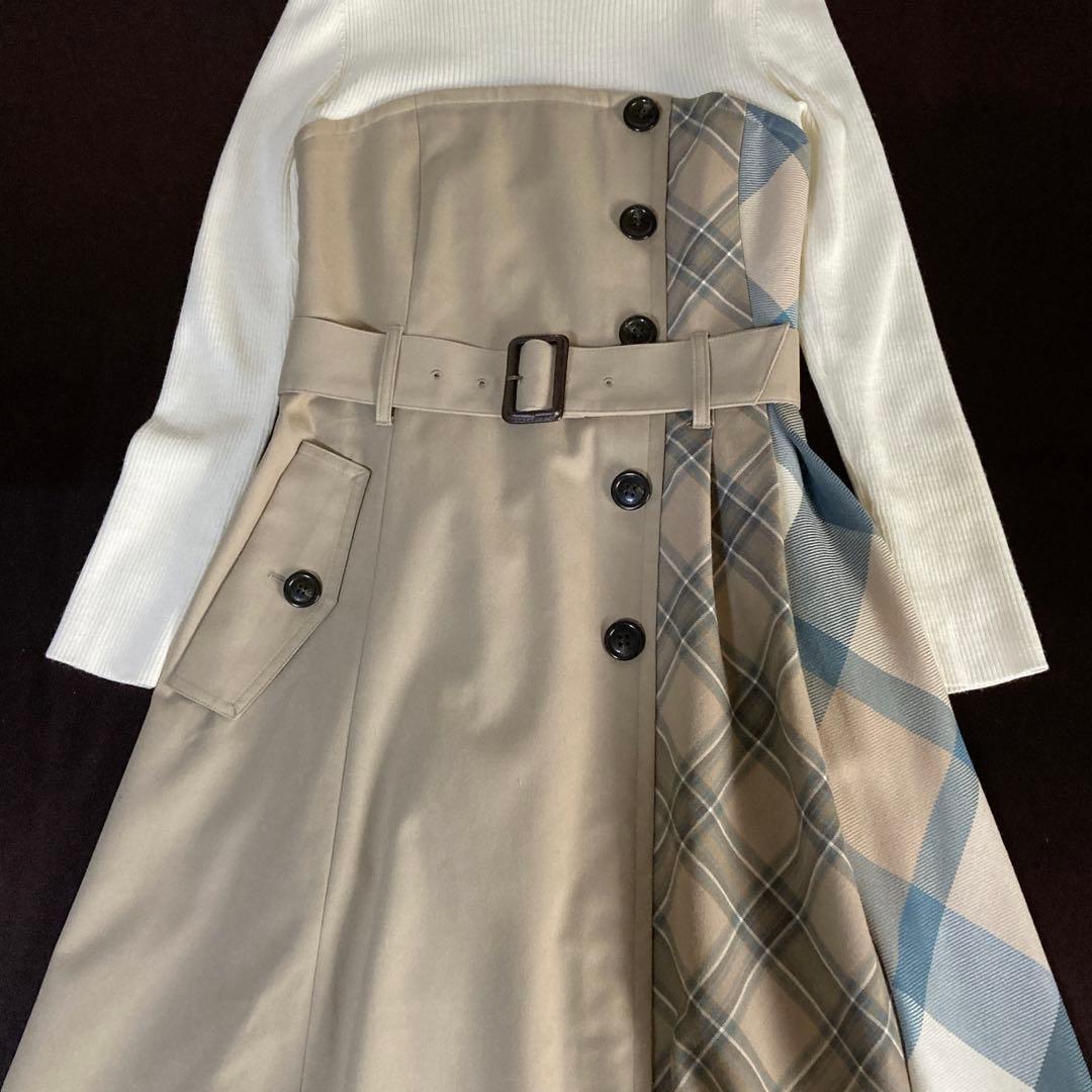 極美品 ブルーレーベルクレストブリッジ ドッキングワンピース 36 チェック切替