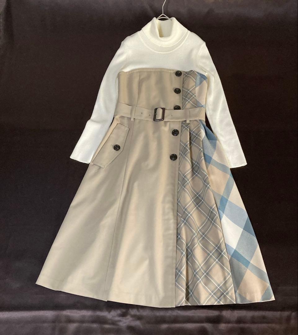 極美品 ブルーレーベルクレストブリッジ ドッキングワンピース 36 チェック切替