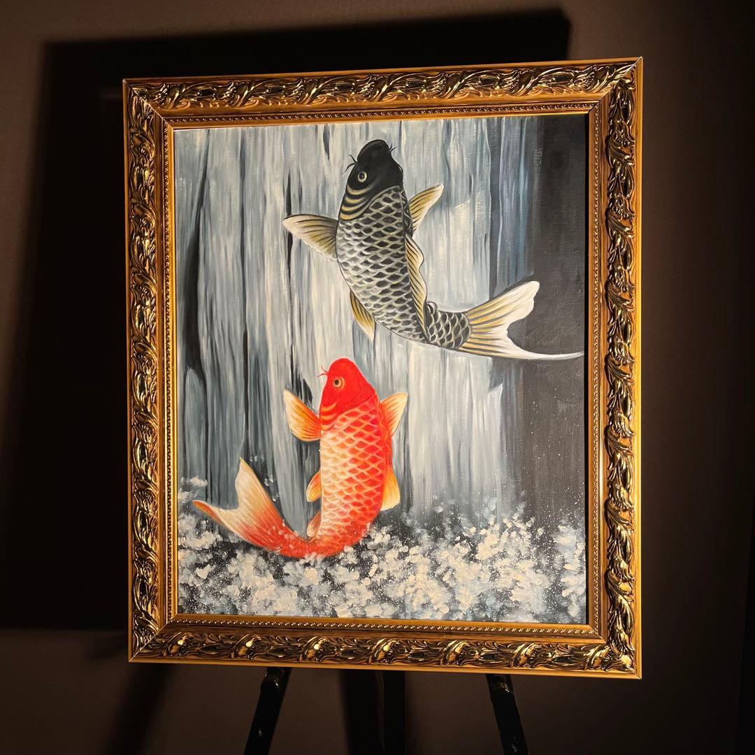 手描き油絵 鯉の滝登り 額付 絵画 インテリア 油彩画 金運 開運
