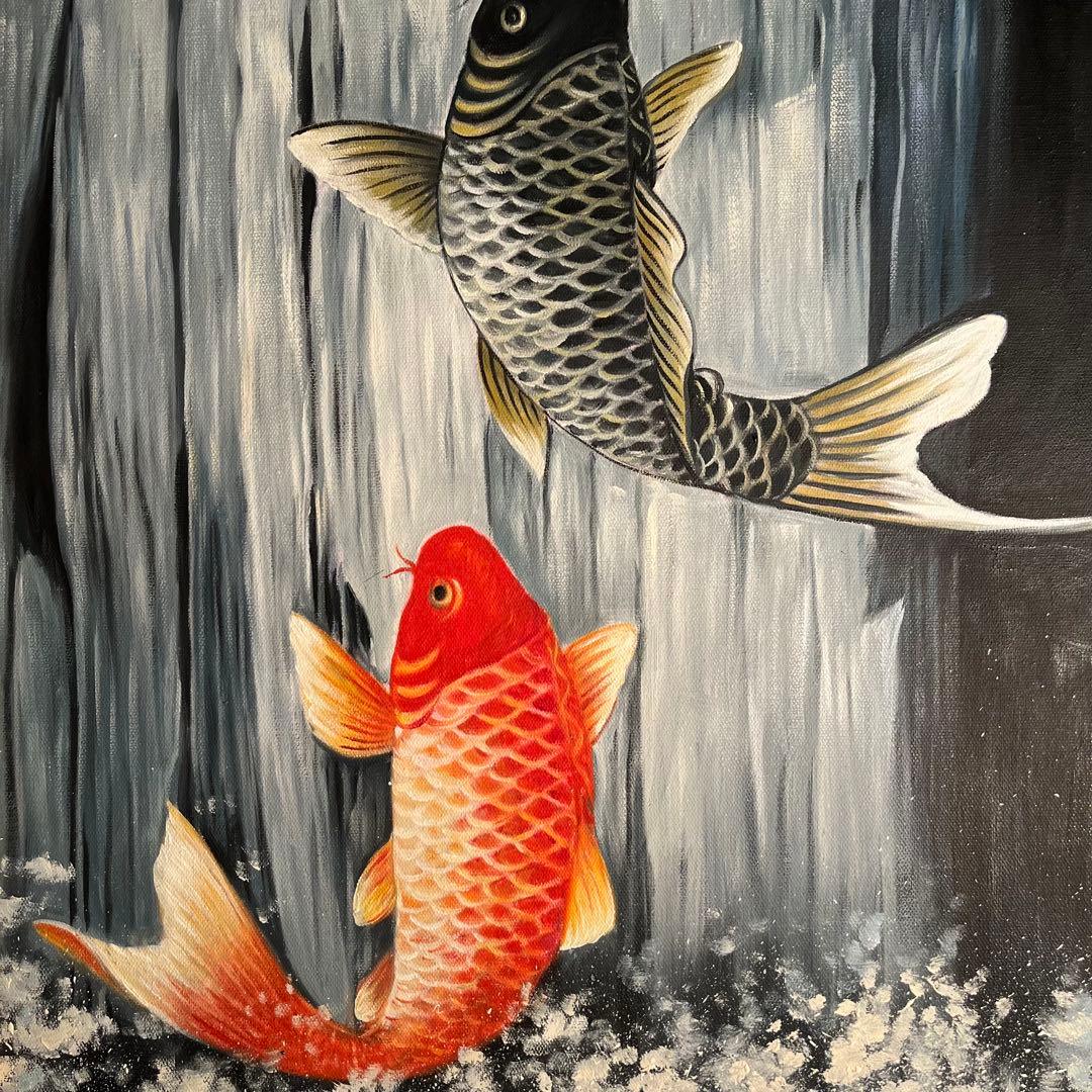 手描き油絵 鯉の滝登り 額付 絵画 インテリア 油彩画 金運 開運