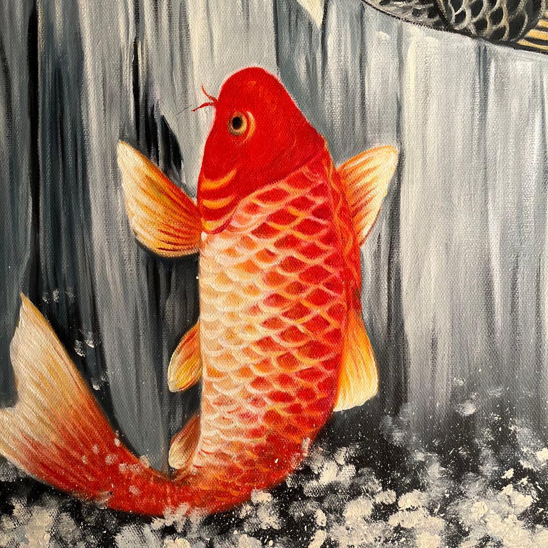 手描き油絵 鯉の滝登り 額付 絵画 インテリア 油彩画 金運 開運