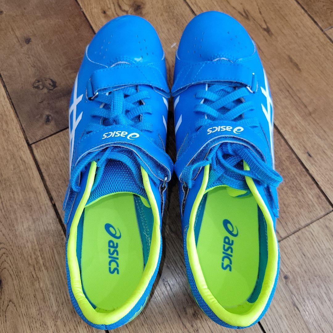 未使用　asics スパイクシューズ 青/黄色　 ベルクロストラップ　ピン付き