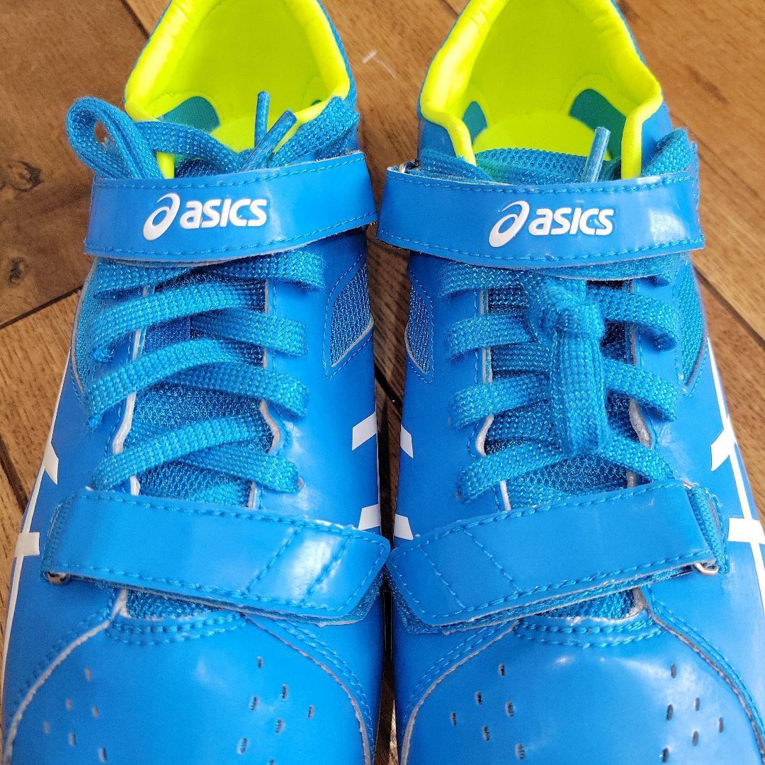 未使用　asics スパイクシューズ 青/黄色　 ベルクロストラップ　ピン付き
