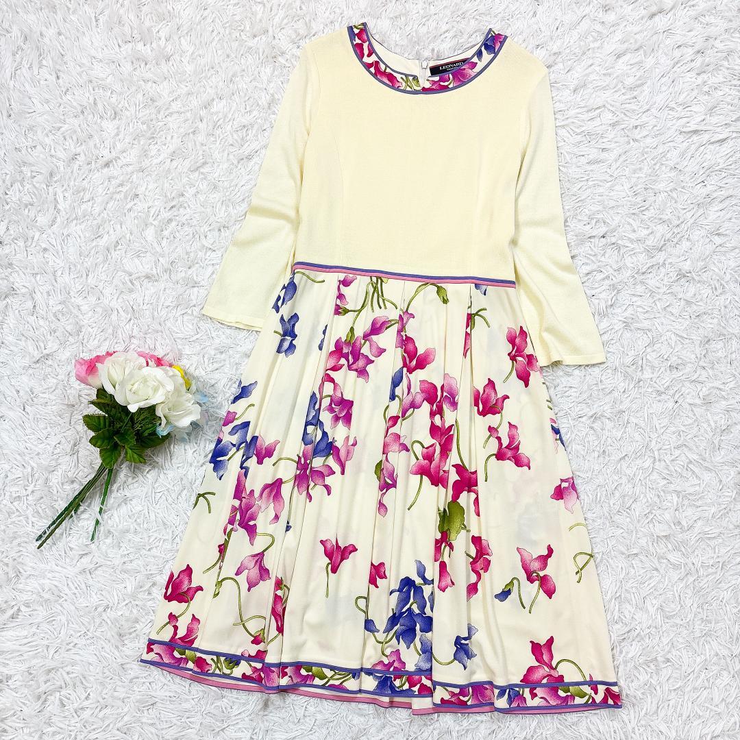 カンカン【極美品】レオナール 花柄ドッキングワンピース トリム アイボリー 40