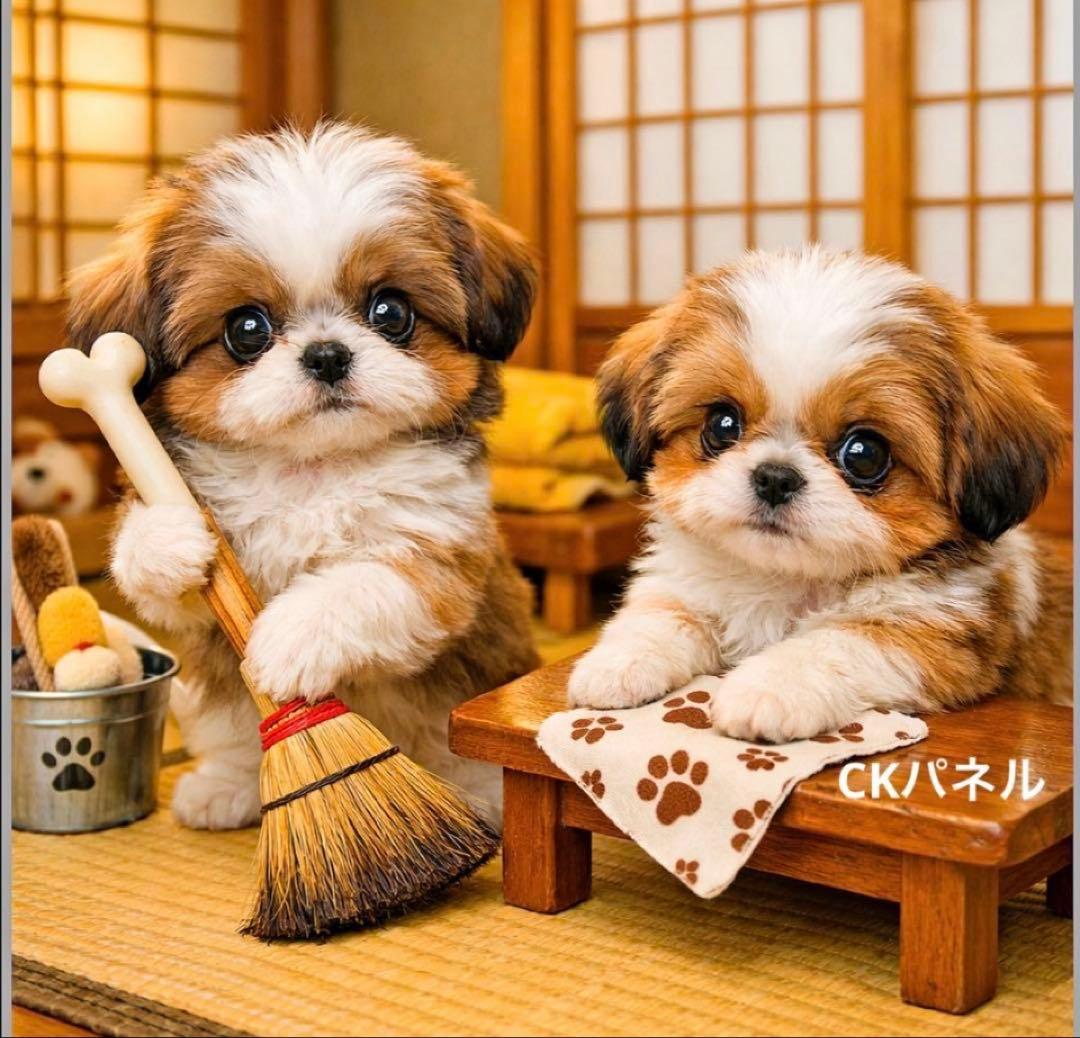 和室のお掃除はお任せ！ほうきを持つシーズーが愛おしいhandmadeエコバッグ