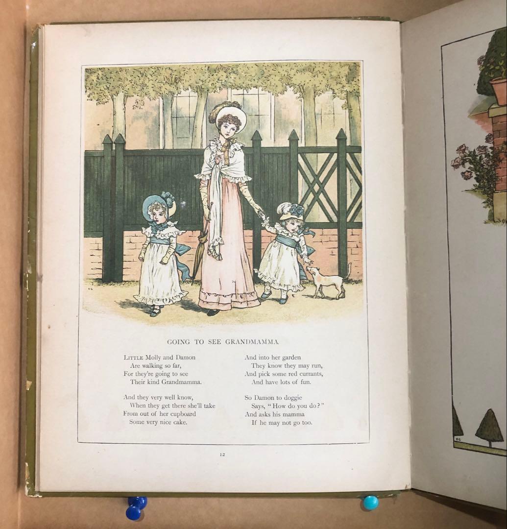 ケイト　グリナウエイの絵本　多色刷りの木版画でつくられた　綺麗な絵本の1ページ