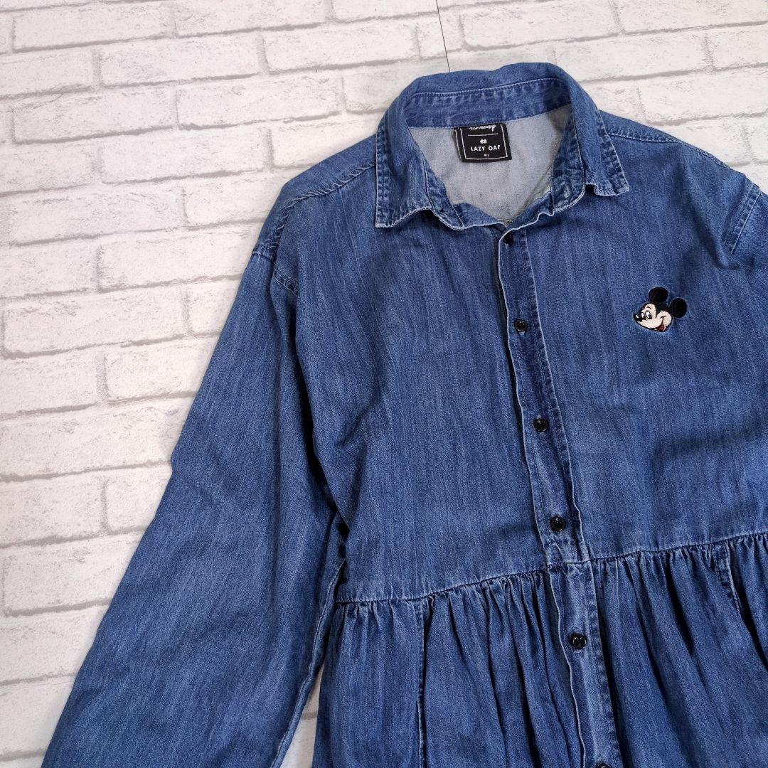 LAZYOAF Disney コラボ　デニムシャツワンピース　フレア　プリーツ