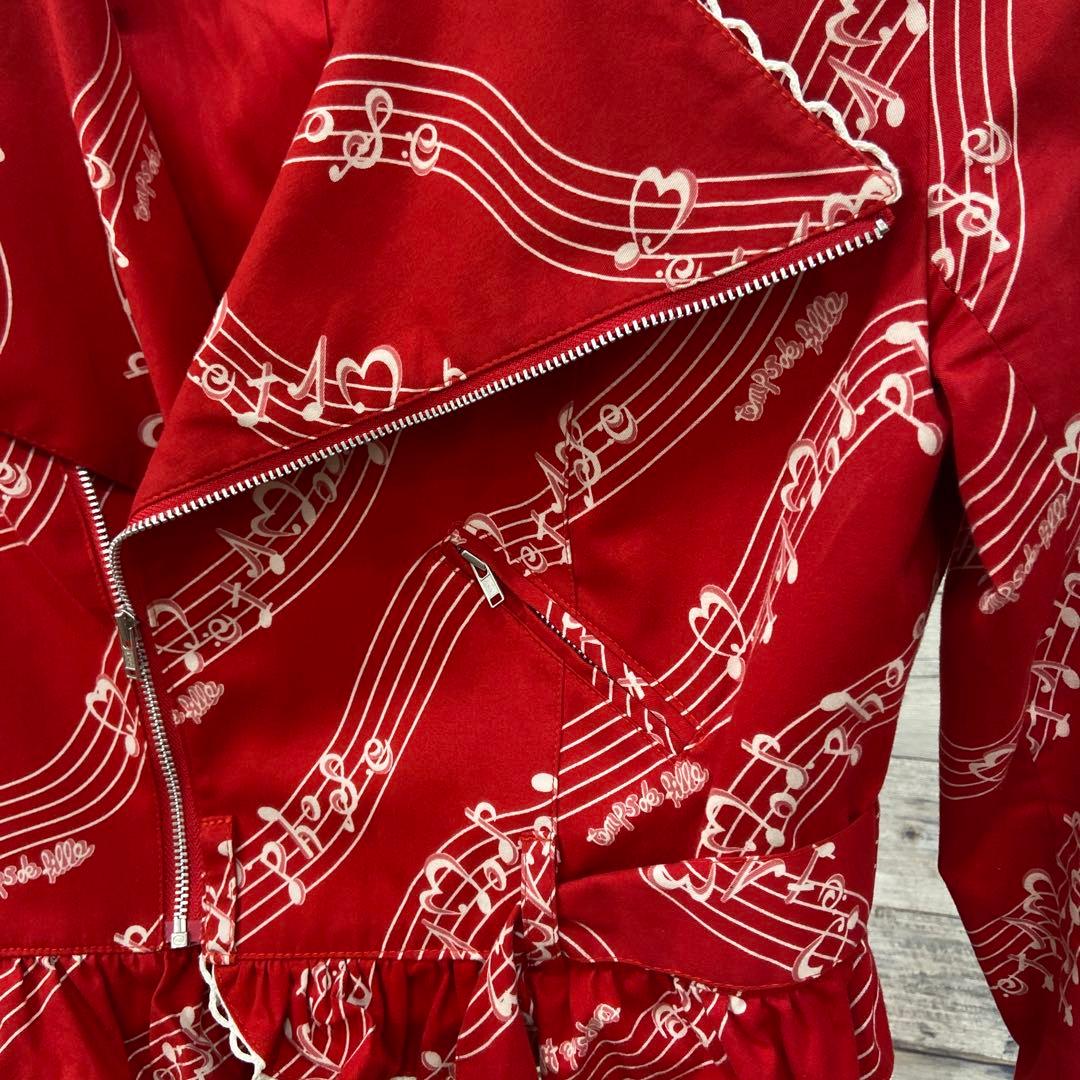 ♡メタモルフォーゼ♡赤 音楽の楽譜柄 ライダースジャケット