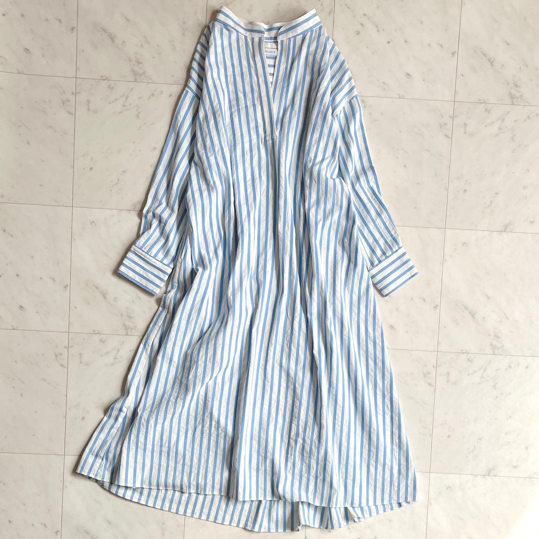 ノーリーズ ロングワンピース シャツワンピース ストライプ ブルー ホワイト