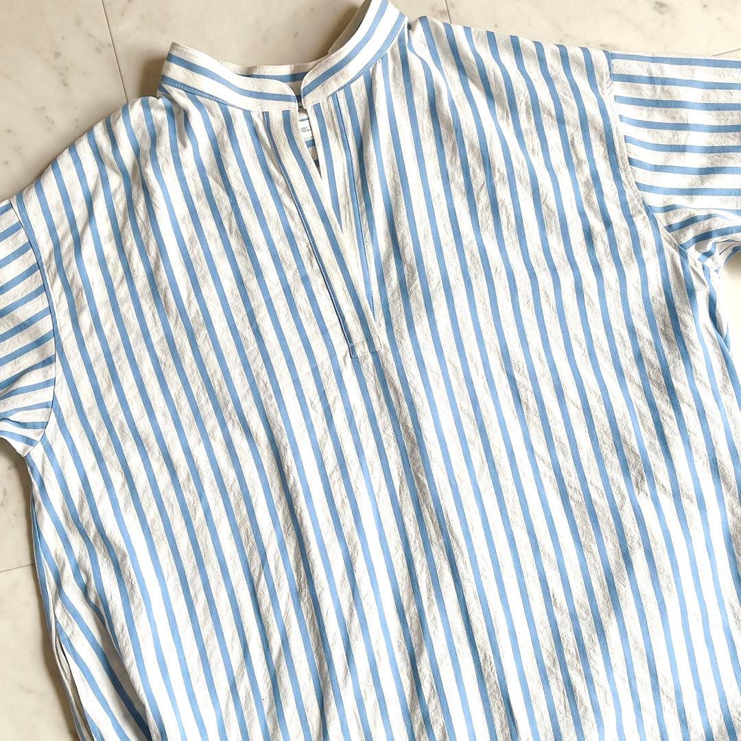 ノーリーズ ロングワンピース シャツワンピース ストライプ ブルー ホワイト