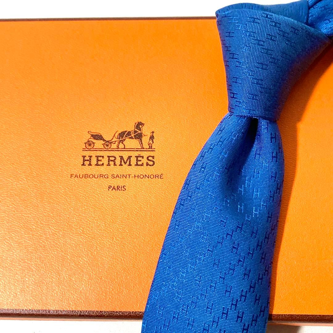 HERMES エルメス ファソネ ジャガード シルク100% ネクタイ ブルー