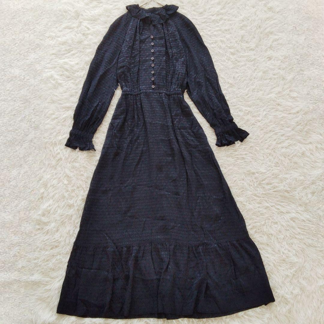 訳あり美品❉ ミスアシダ フリル襟ティアードワンピース マキシ丈 シャドー柄 L