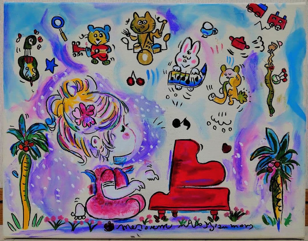 【F6号】水森亜土　手描き作品/表裏サイン・裏描き有/油彩/アクリル/額縁/額装