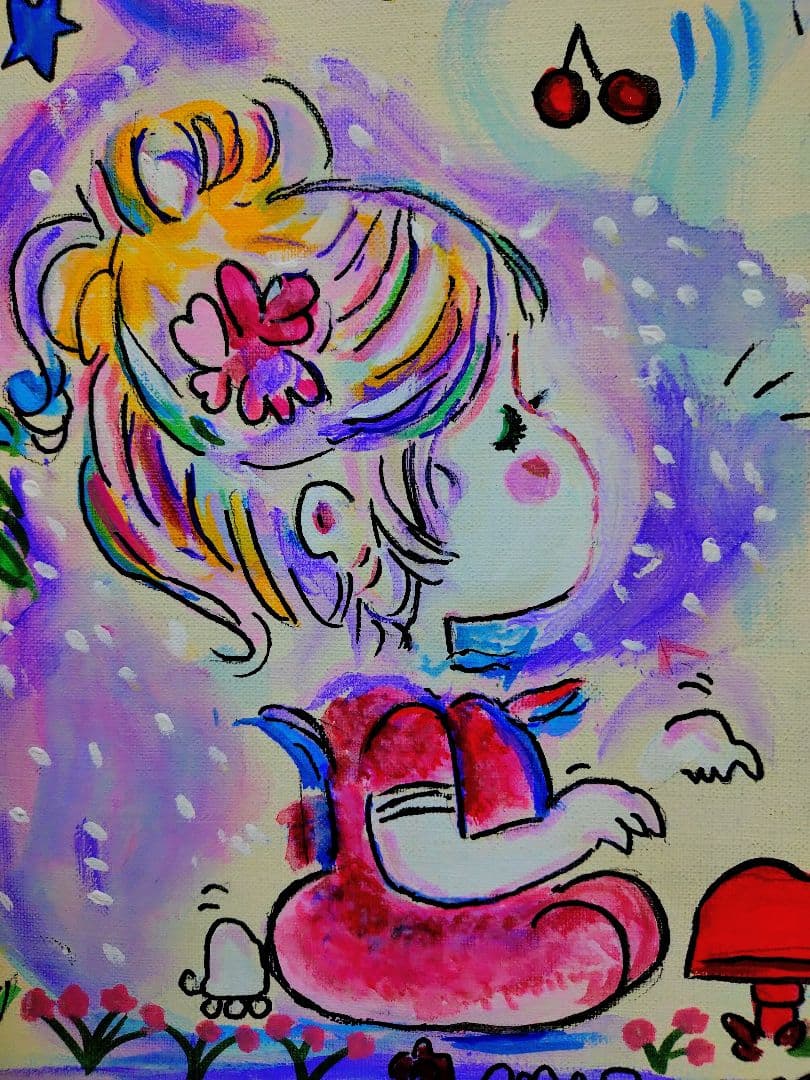 【F6号】水森亜土　手描き作品/表裏サイン・裏描き有/油彩/アクリル/額縁/額装