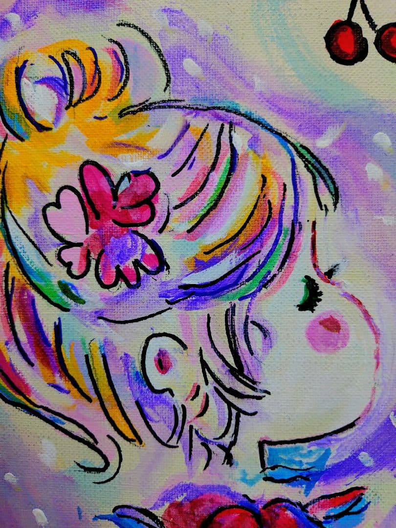 【F6号】水森亜土　手描き作品/表裏サイン・裏描き有/油彩/アクリル/額縁/額装