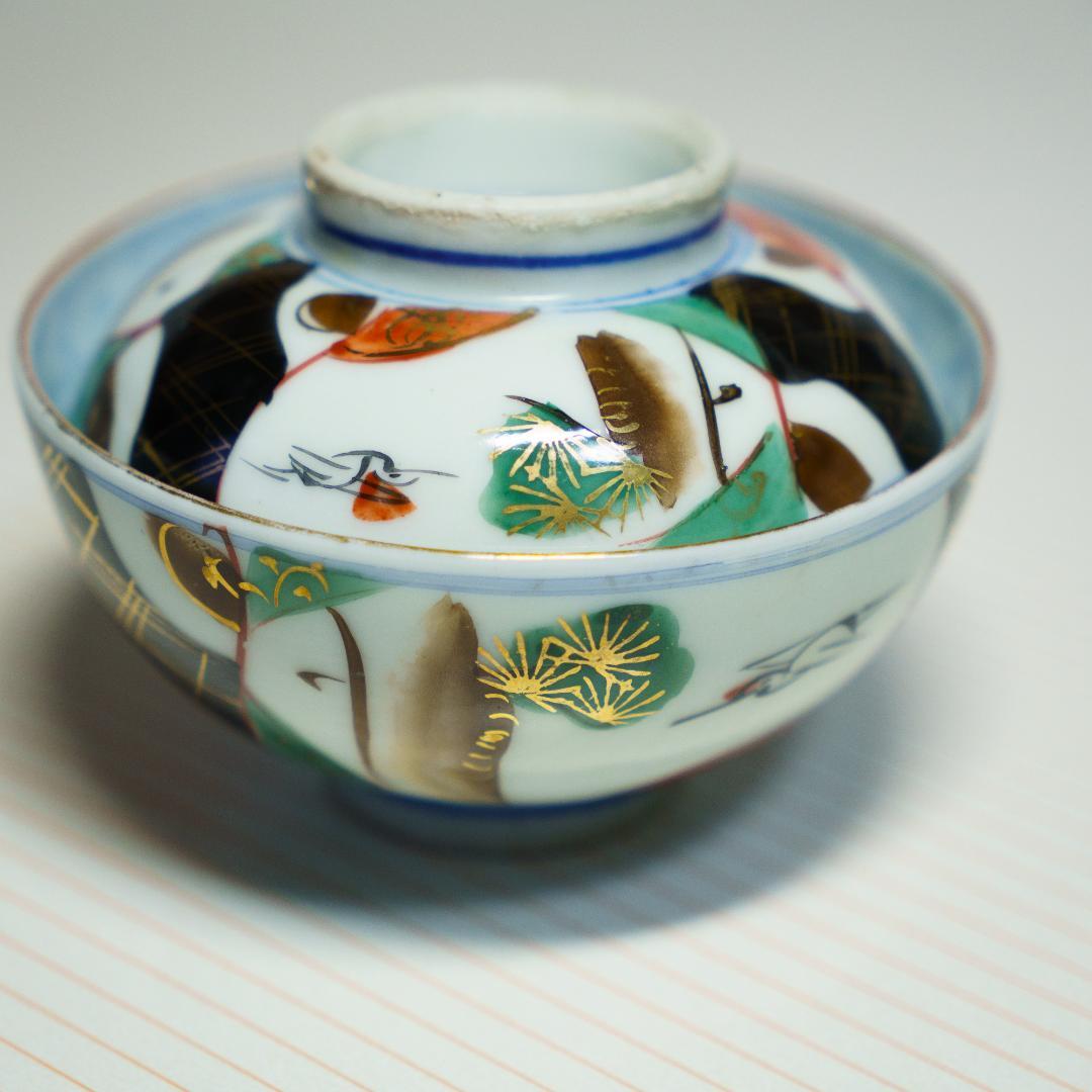 古伊万里　茶漬碗　茶碗　蓋付　金彩色絵　20客　木箱付　江戸～明治