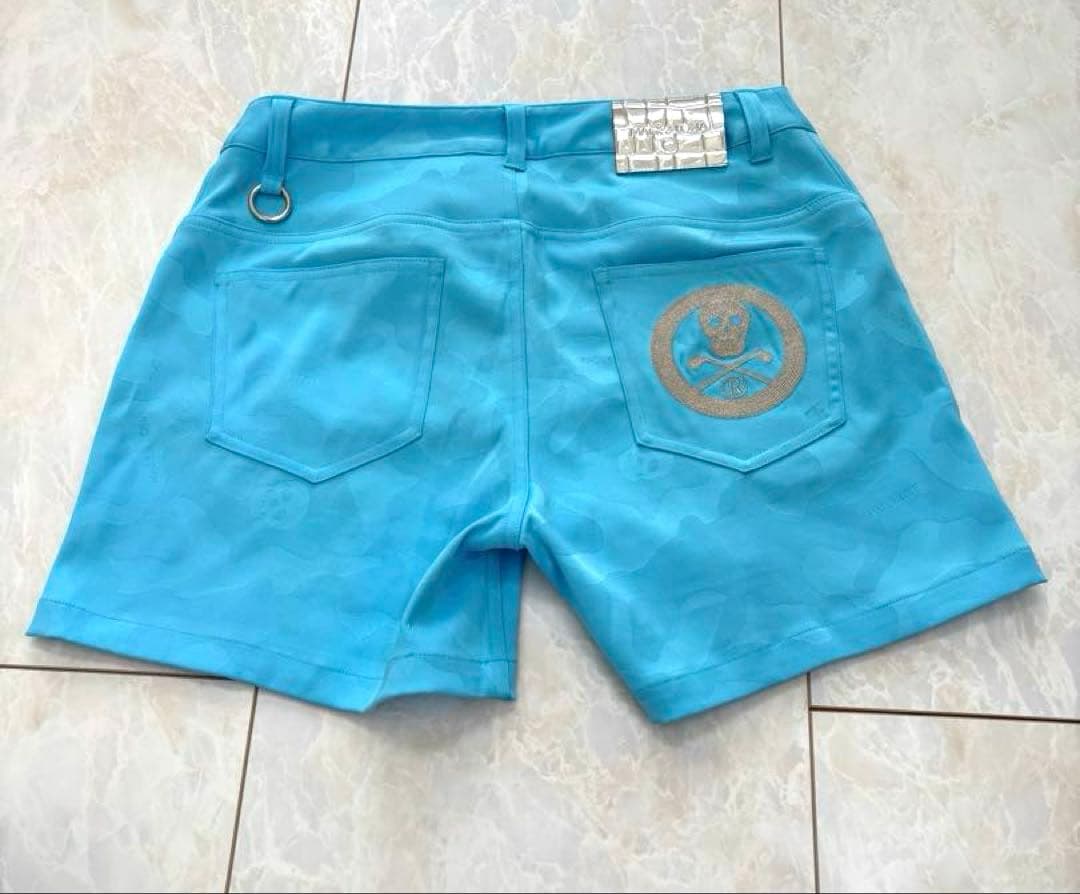 美品 MARK&LONA スカル迷彩柄　ショートパンツ　40 水色×シルバー