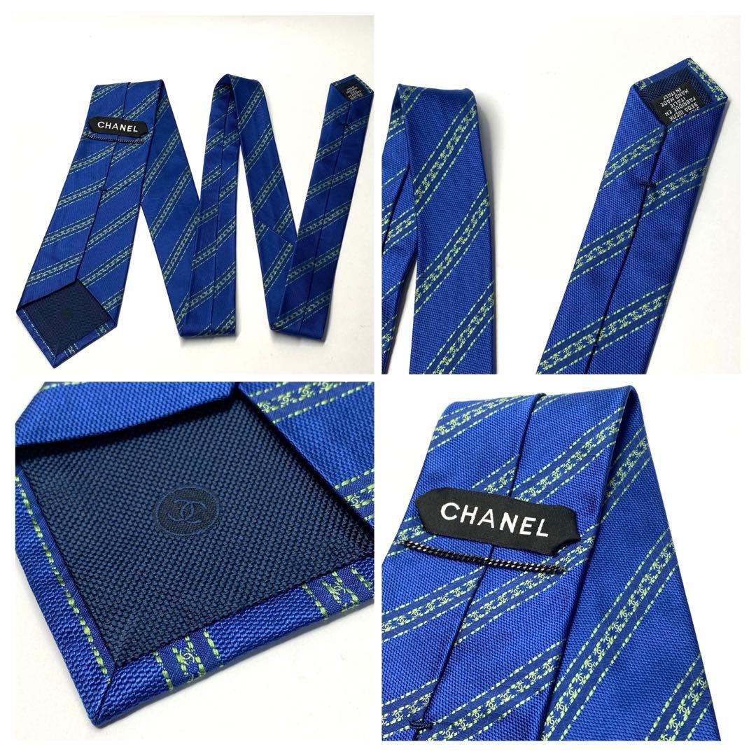 CHANEL シャネル　シルク100% ネクタイ　イタリア　ブルー　ストライプ