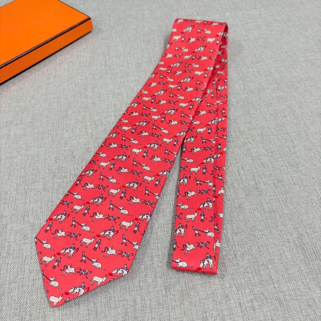 極美品 HERMES エルメス シルク100 メンズ ネクタイ レッド系