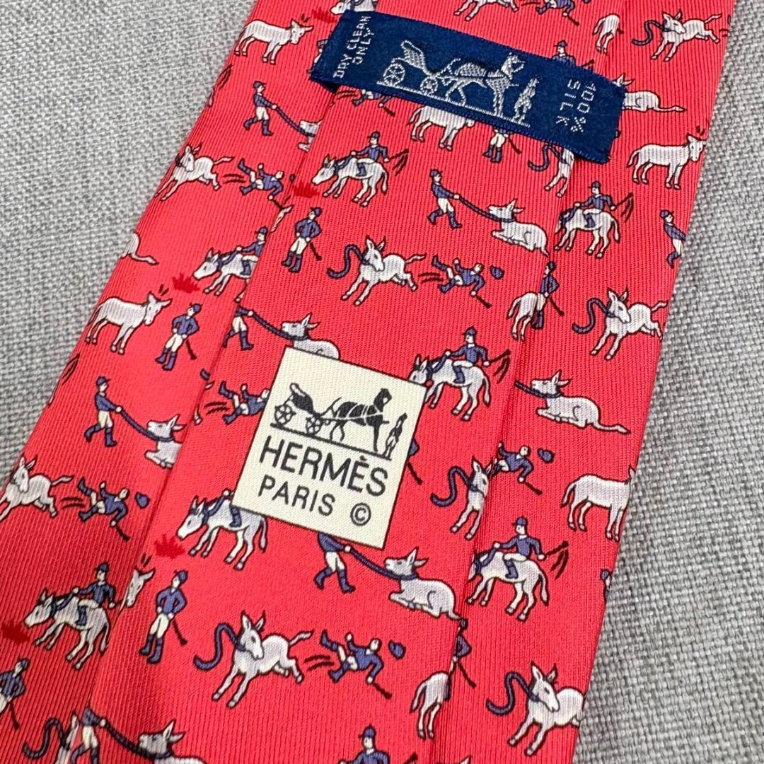 極美品 HERMES エルメス シルク100 メンズ ネクタイ レッド系