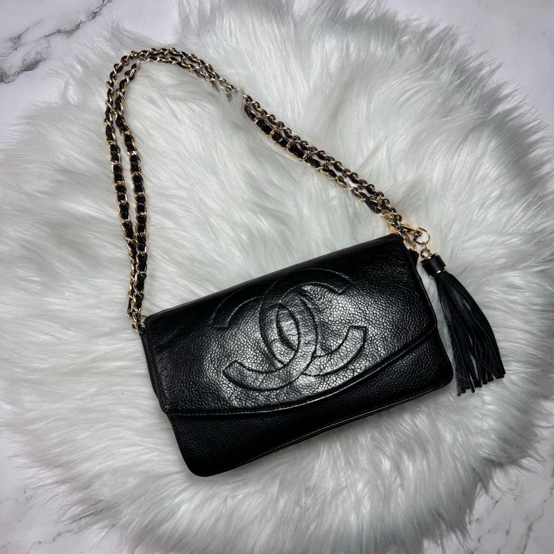 CHANEL シャネル　キャビアスキン　レザー　ブラック　チェーンウォレット