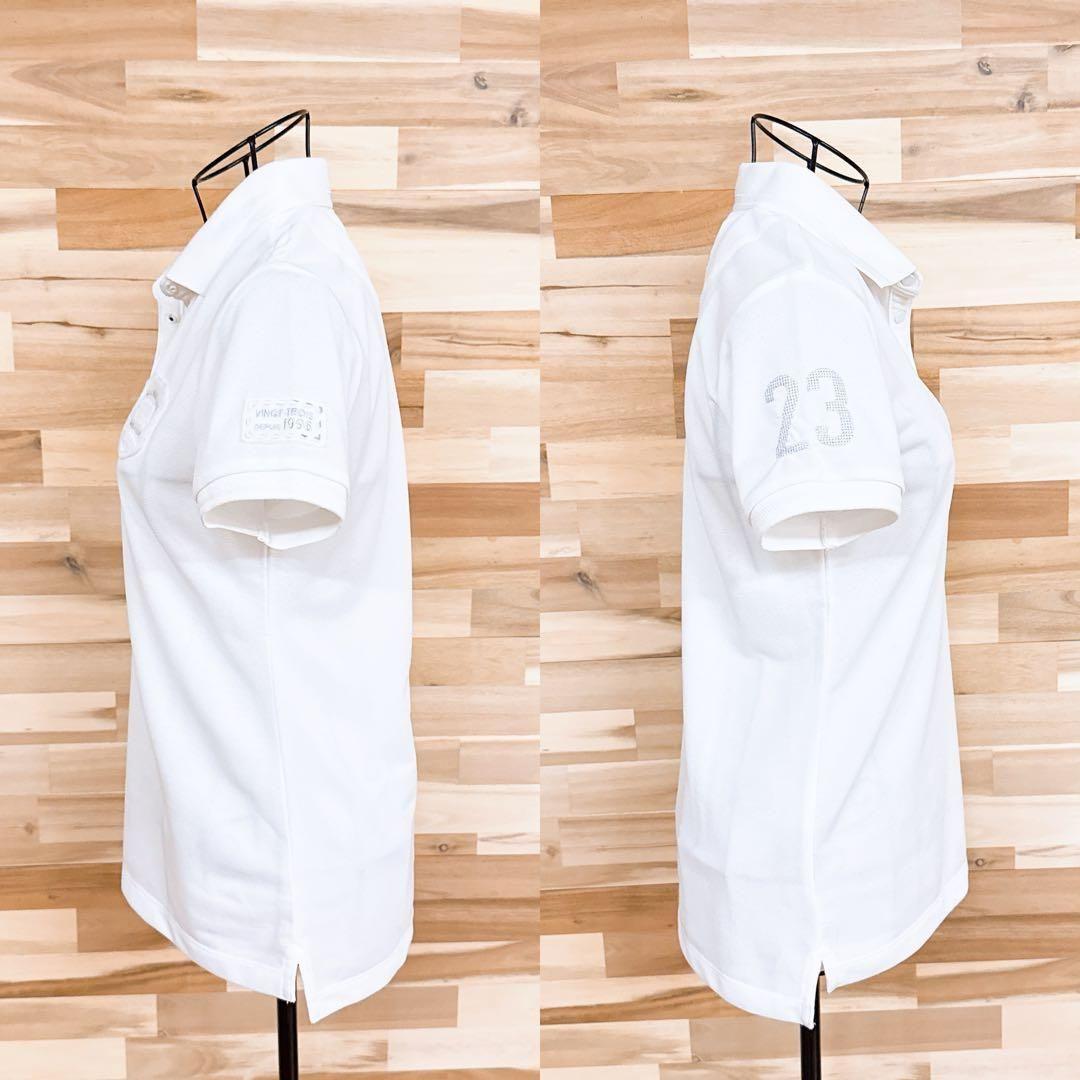 【23区】エンブレム ロゴ パッチ ゴルフ 半袖ポロシャツ ストレッチ 白×銀