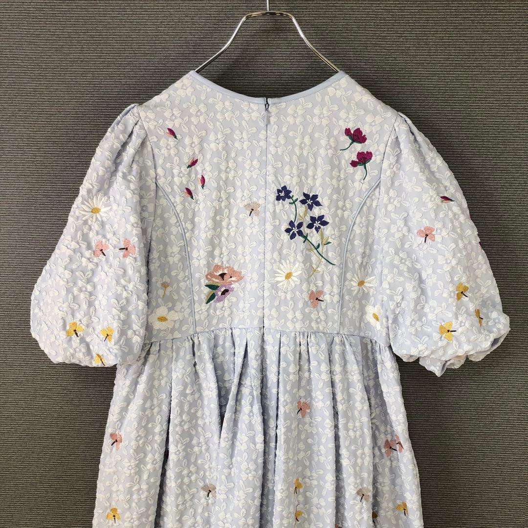 未使用品 Chesty ジャガード刺繍パフスリーブワンピース 1 ライトブルー