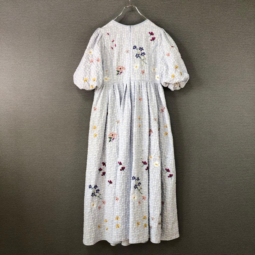 未使用品 Chesty ジャガード刺繍パフスリーブワンピース 1 ライトブルー