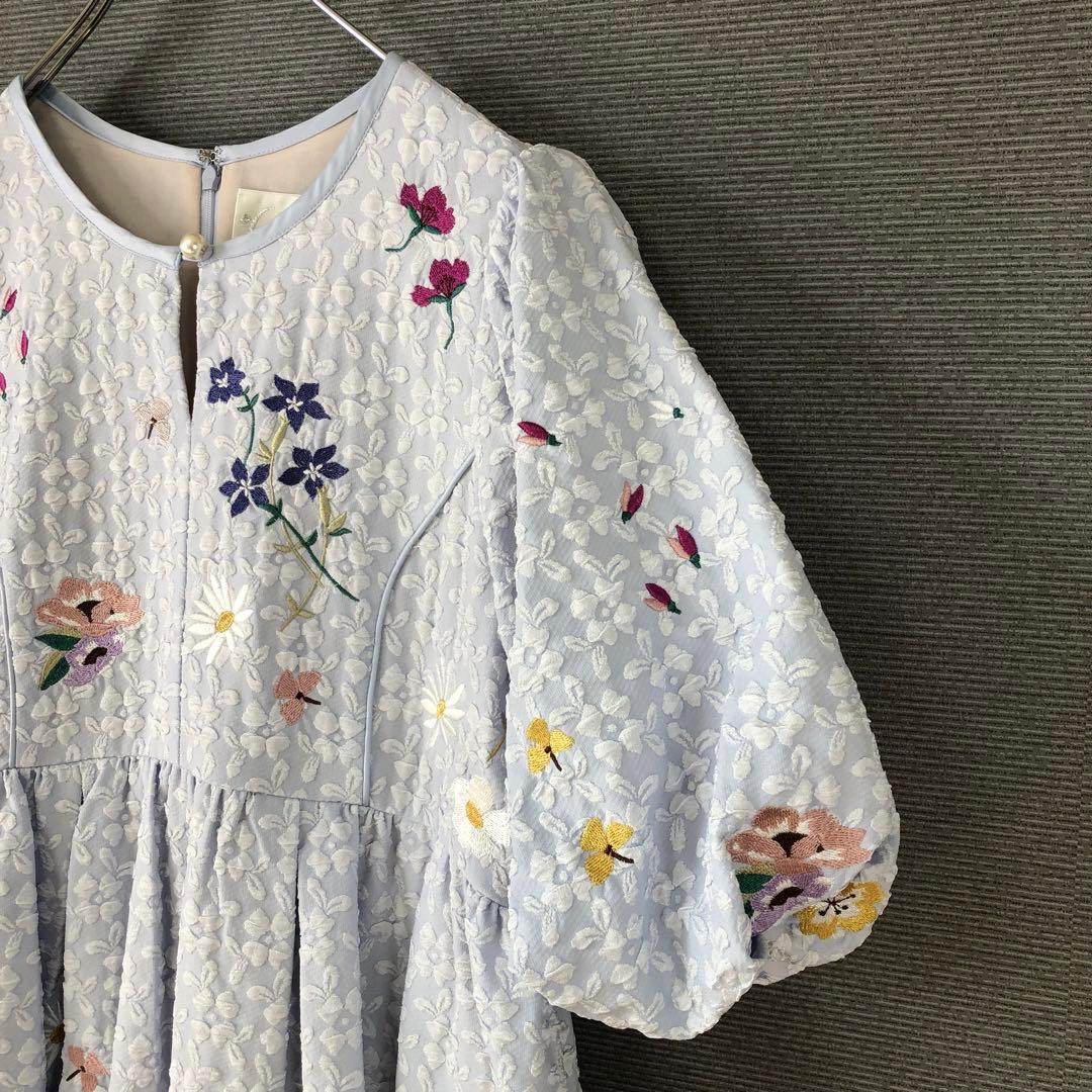 未使用品 Chesty ジャガード刺繍パフスリーブワンピース 1 ライトブルー
