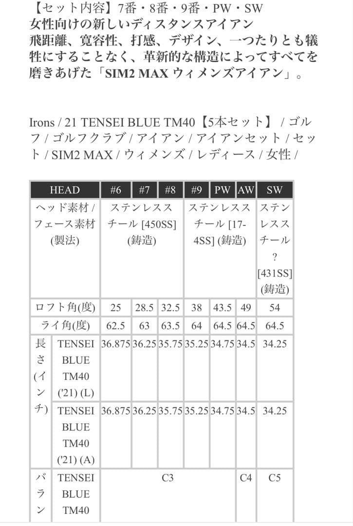 新品未使用《テーラーメイド》SIM2MAX レディースアイアン5本セットTM40