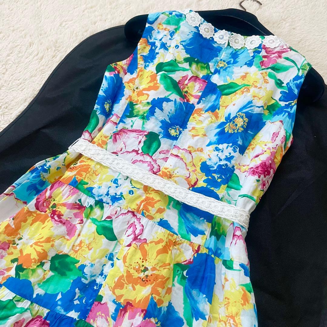 ゆうかりん様パービューティー　レース　フラワープリント　花柄ティアードワンピース