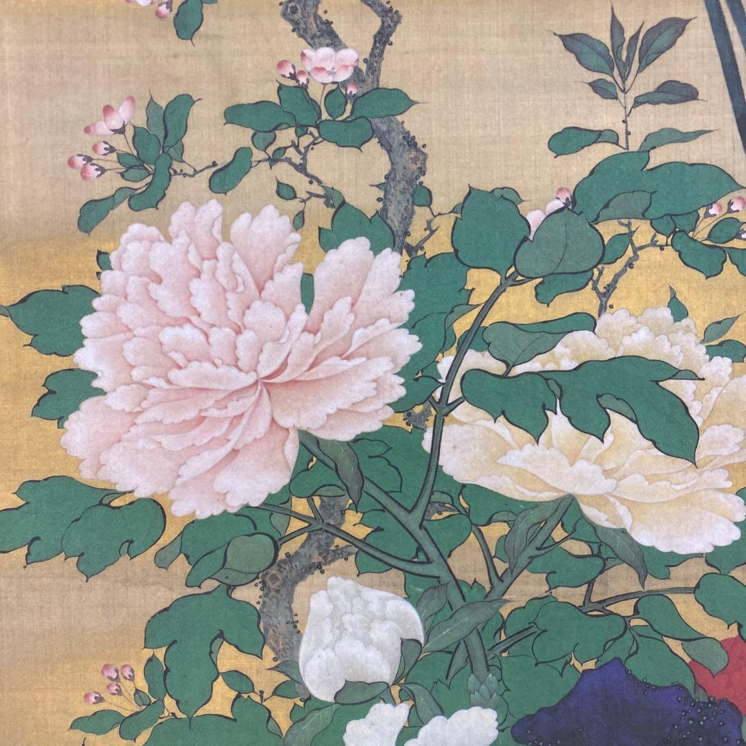 美品 掛け軸 丸山応挙筆「花鳥図」印刷 名画 花鳥 年中掛け