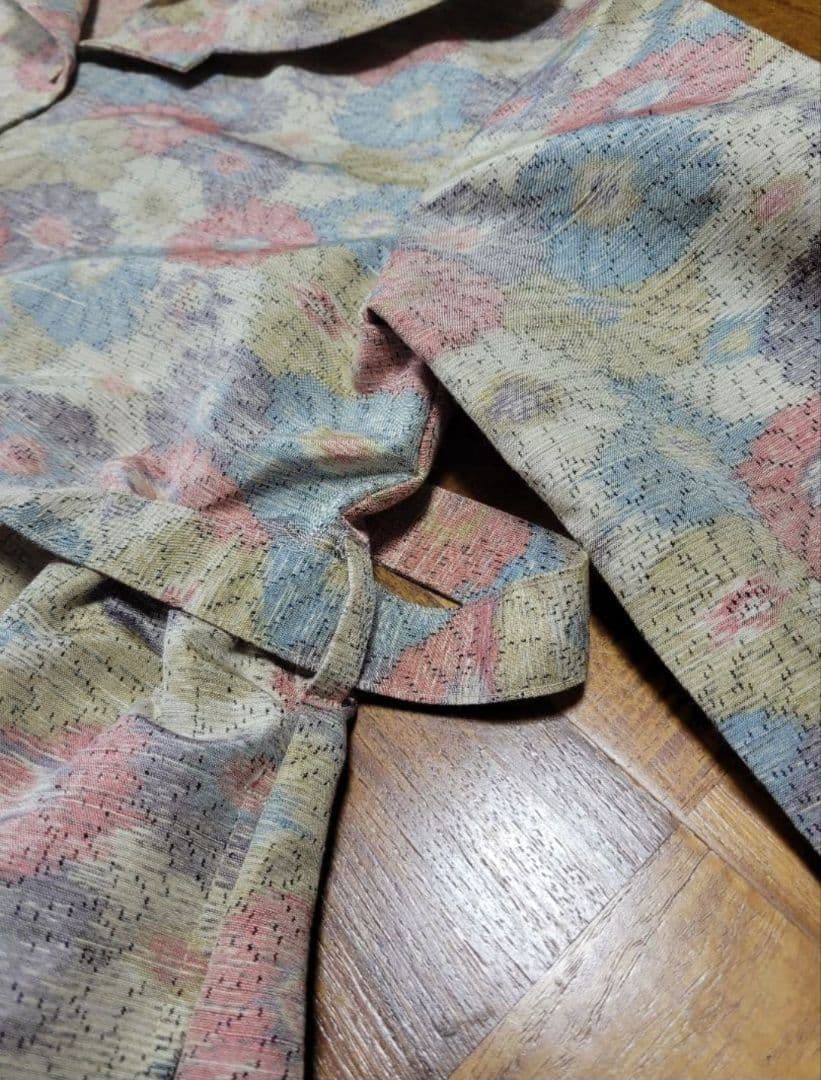 め0314着物リメイク正絹上質紬四季花万寿菊ギャザーコートワンピースハンドメイド