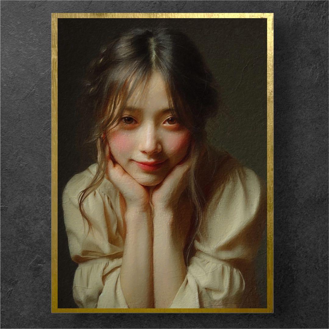 板材に映し出された美しい女性をモデルにしたリアリズム人物画 油彩画風アート作品