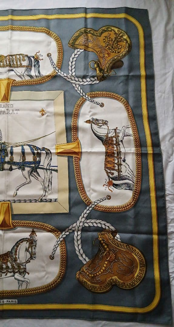 【シミ有】エルメス大判スカーフ約88cm シルク 馬柄 GRANDAPPARAT