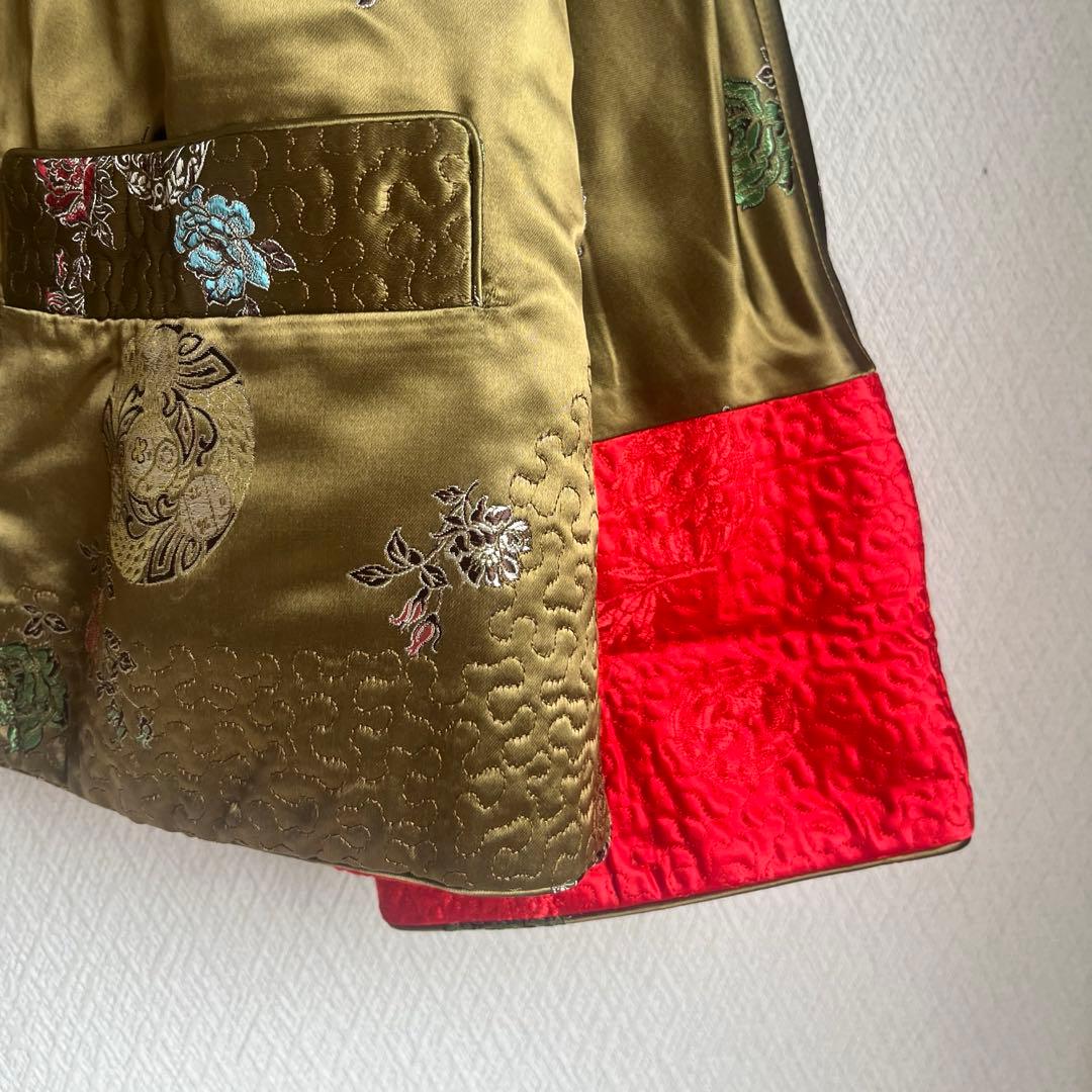 vintage チャイナジャケット リバーシブル サテン 古着 刺繍 赤 カーキ
