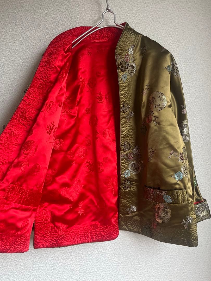 vintage チャイナジャケット リバーシブル サテン 古着 刺繍 赤 カーキ