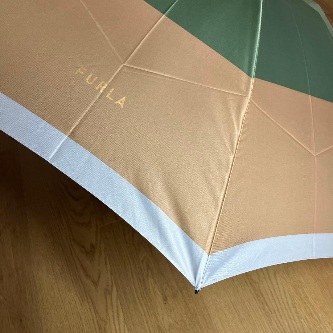 【未使用品】フルラ ボーダー 晴雨兼用 折り畳み傘 日傘 カーキ×ブラウン