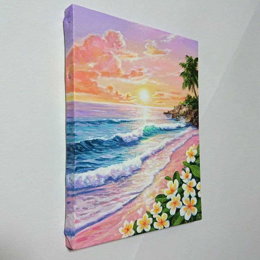 【夏の夕日】アクリル画 F3 風景画 絵画