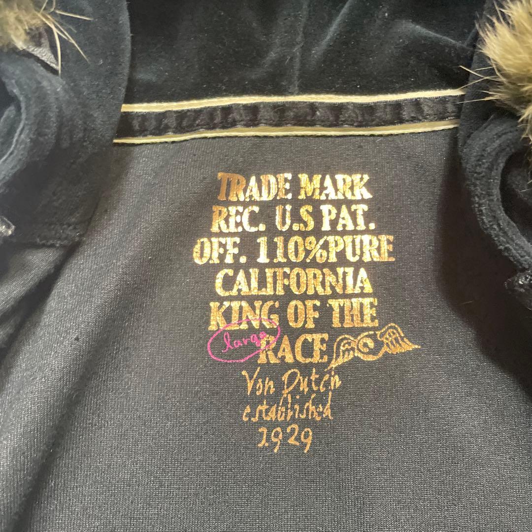 VON DUTCH ファー付きベルベットパーカー 刺繍ロゴ ブラック L Y2K