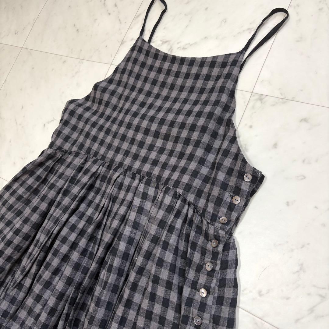 極美品✨ビアズリー　リネン ギンガム キャミワンピース　マキシ丈　麻100%