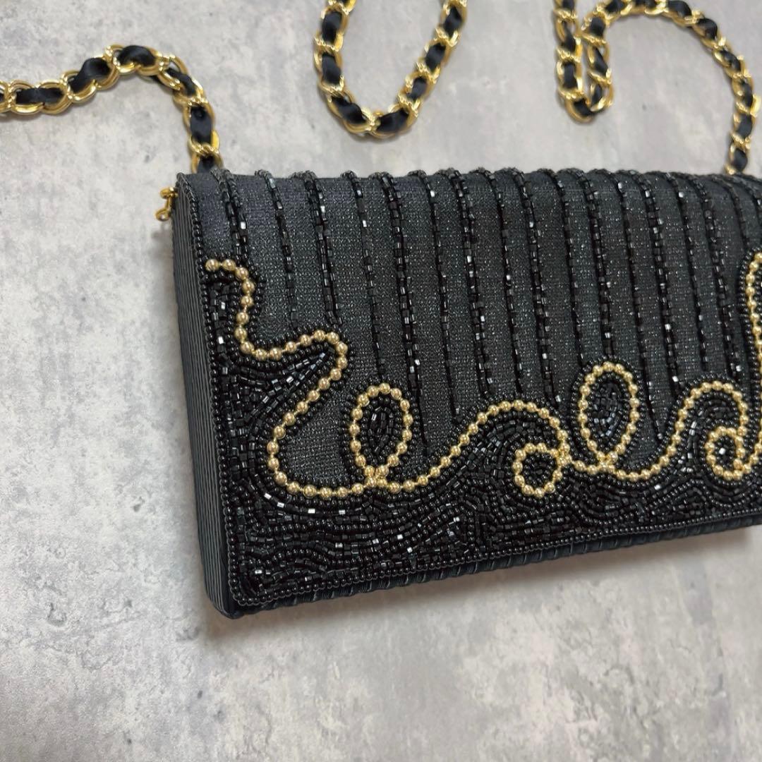 美品 ルミーはしもと ビーズバッグ パーティーバック ショルダー 黒 ゴールド