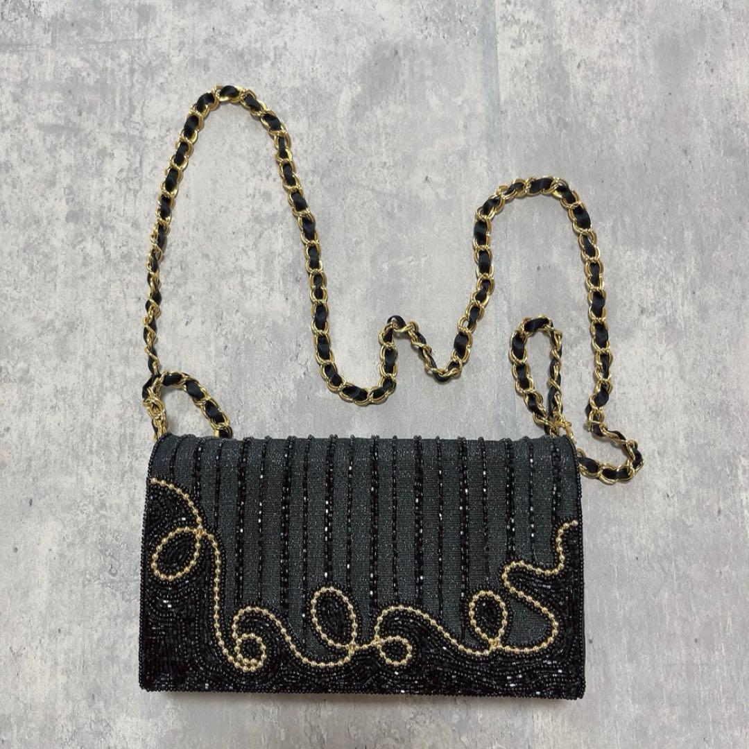 美品 ルミーはしもと ビーズバッグ パーティーバック ショルダー 黒 ゴールド
