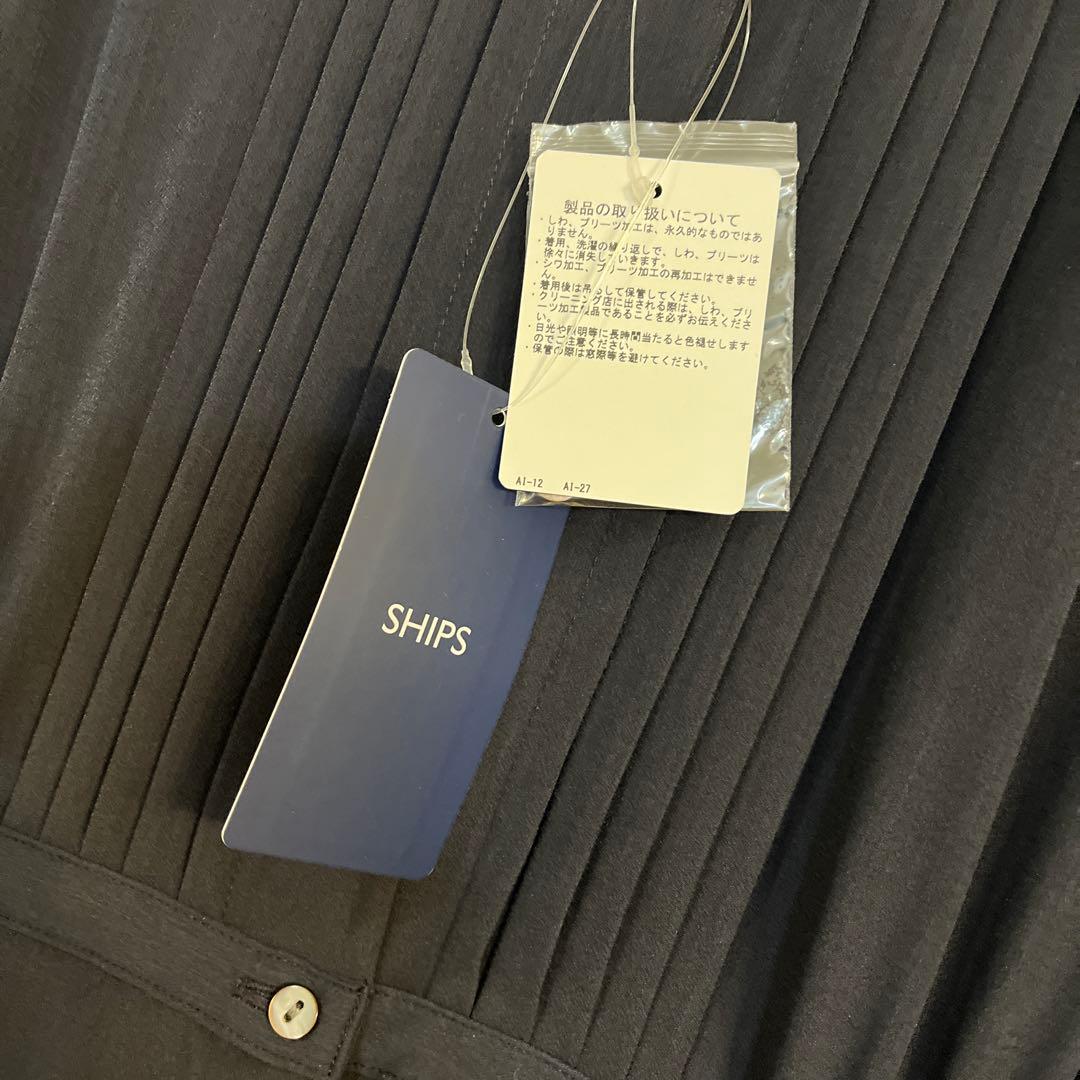 SHIPS ネイビー プリーツ長袖ワンピース　M