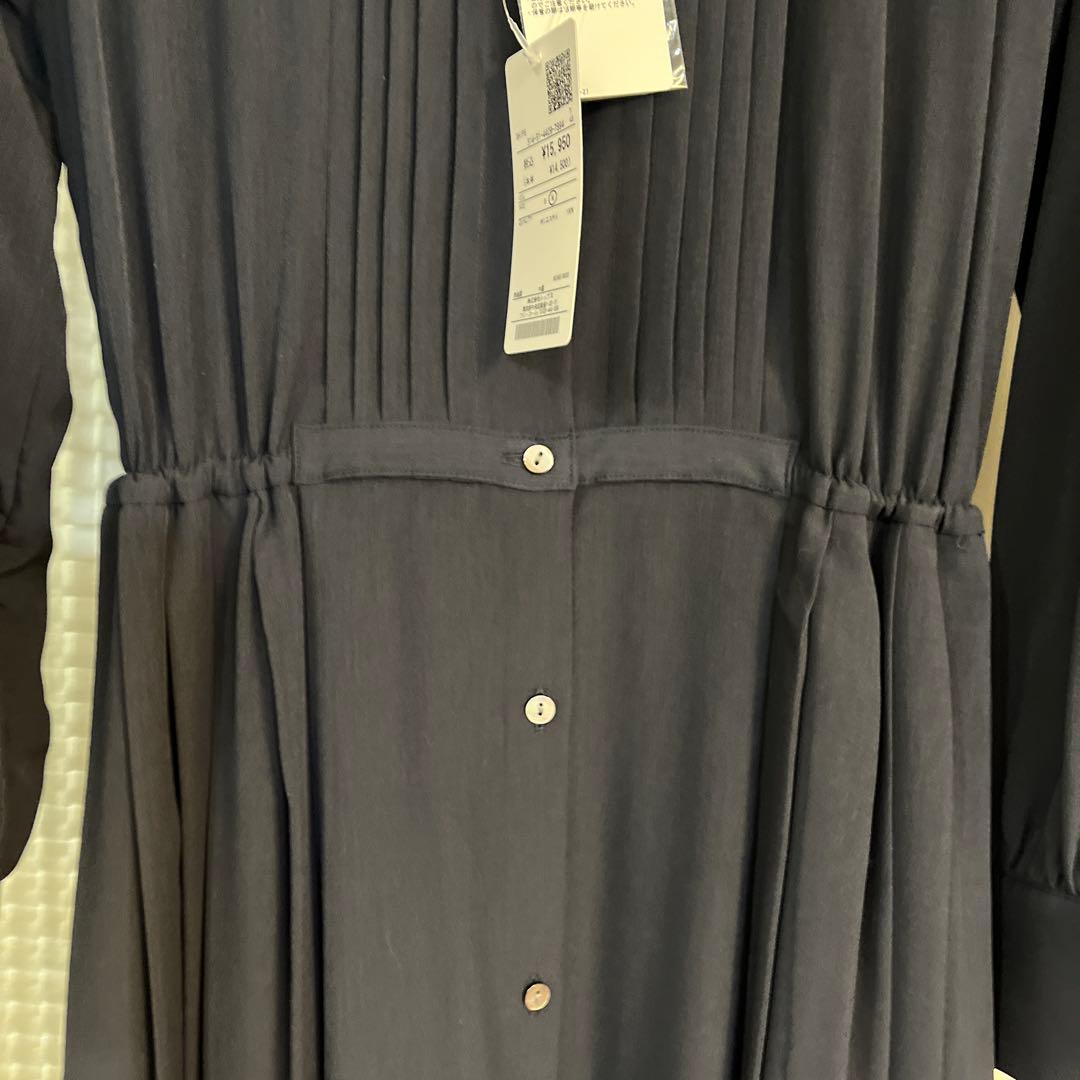 SHIPS ネイビー プリーツ長袖ワンピース　M