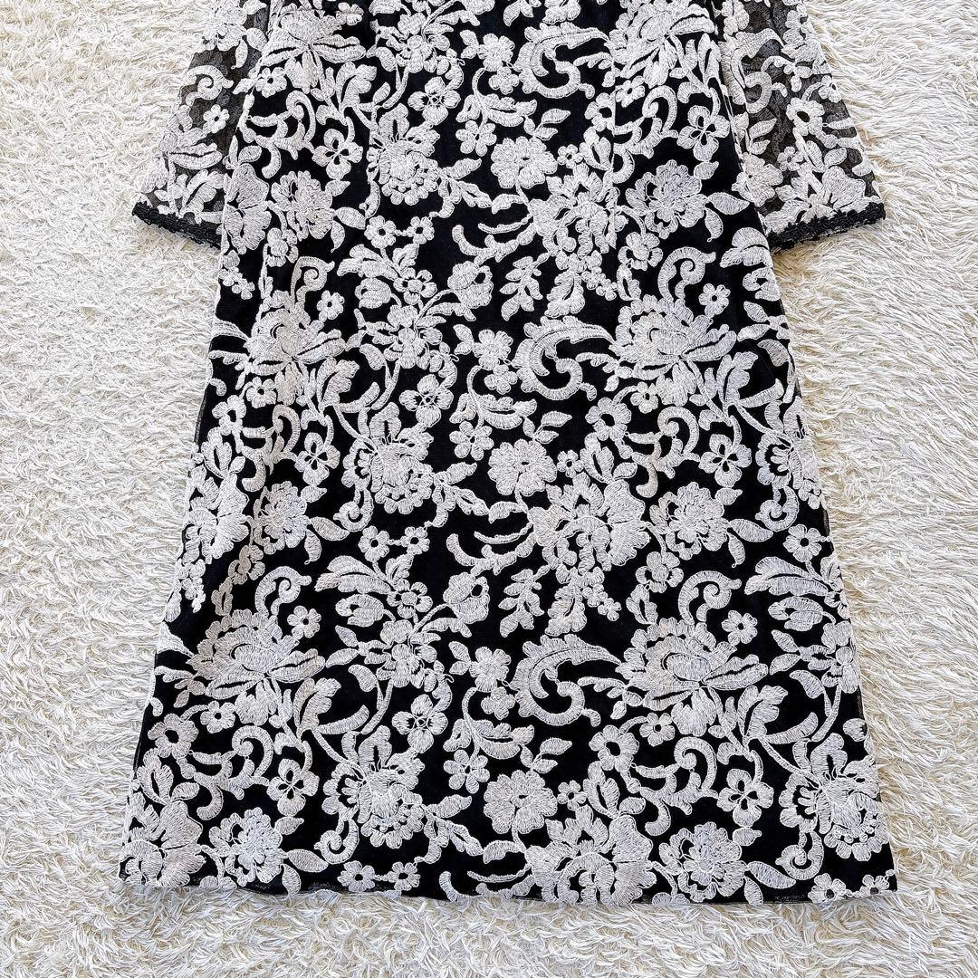 クリ済✨美品✨レリアン 花柄ワンピース 大きいサイズ17+ 刺繍 レース 白×黒