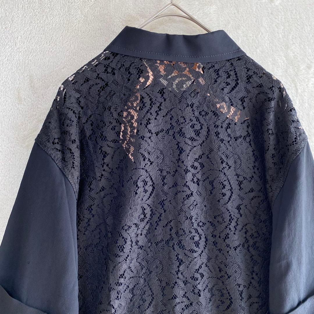 極美品✨N°21/バックレース長袖シャツ ブラウス/40/絹混 イタリヤ製 黒