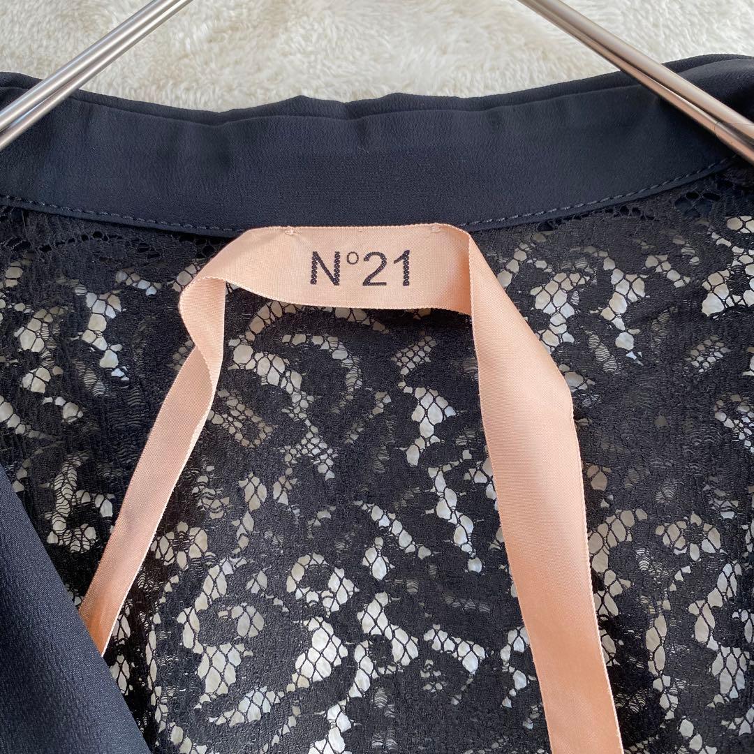 極美品✨N°21/バックレース長袖シャツ ブラウス/40/絹混 イタリヤ製 黒