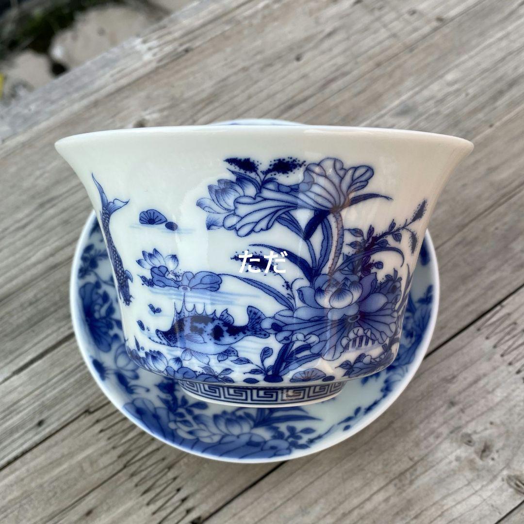 中国茶器 青花磁器蓮池情趣蓋碗 茶 碗煎茶器 未使用品