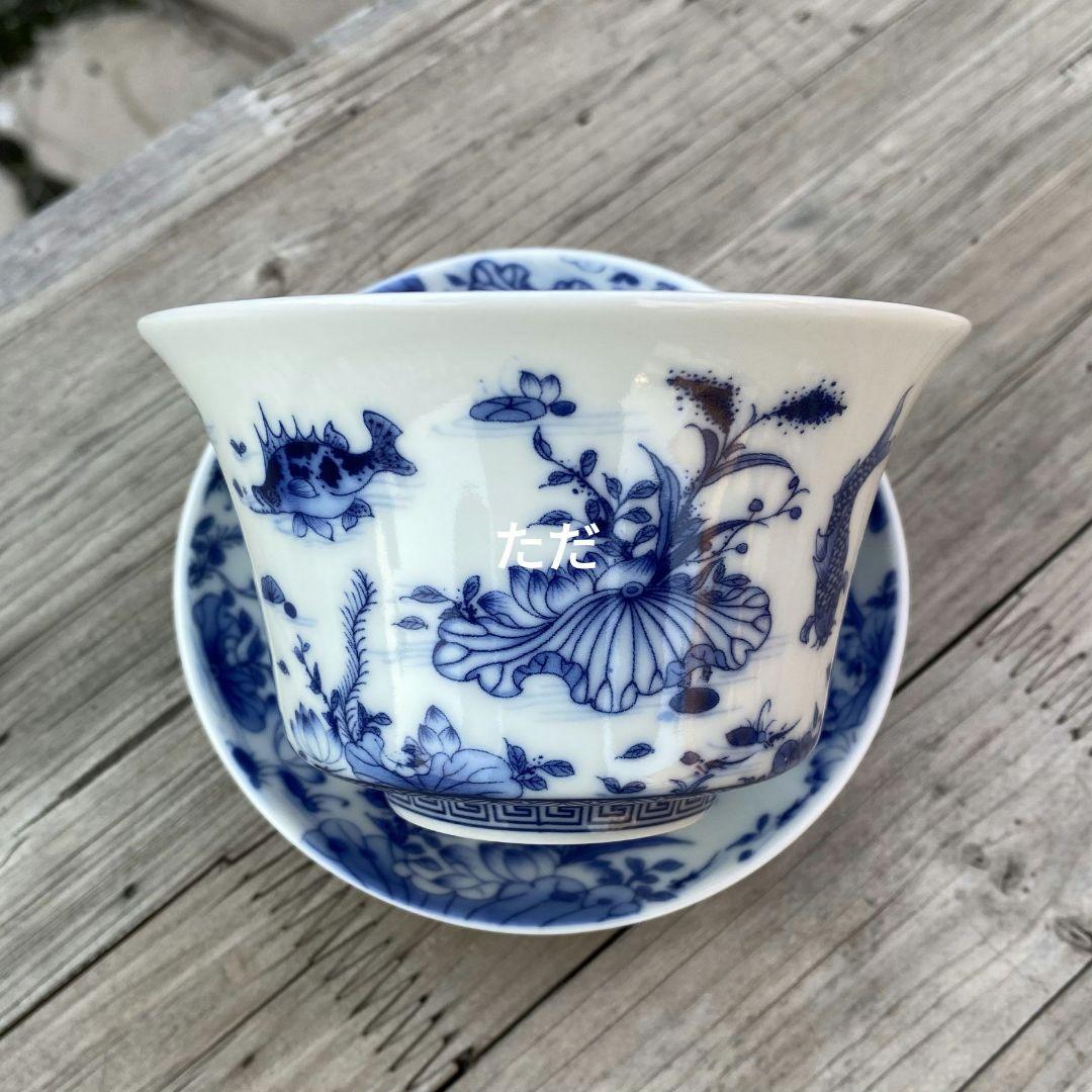 中国茶器 青花磁器蓮池情趣蓋碗 茶 碗煎茶器 未使用品